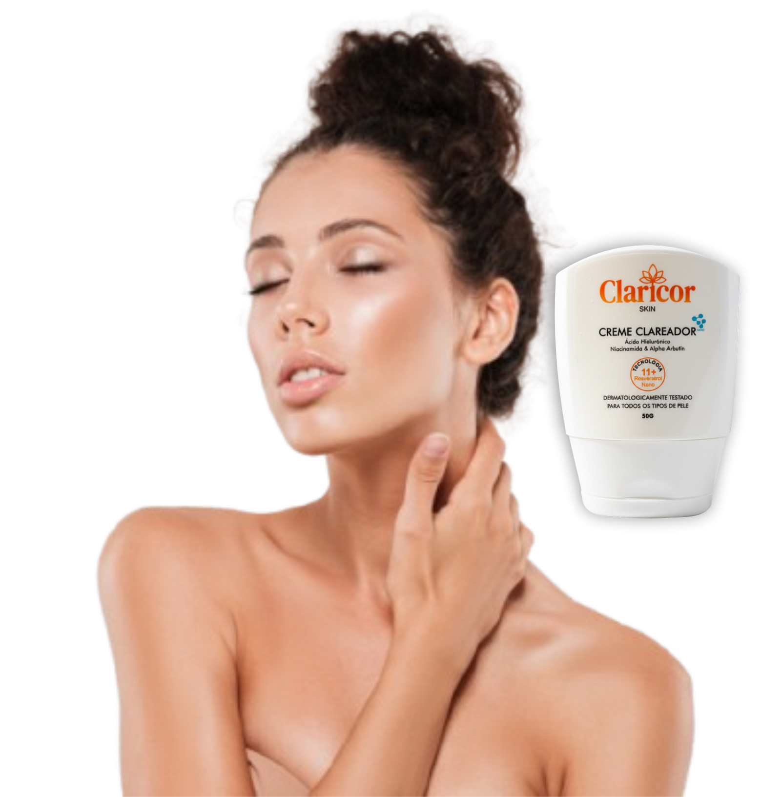 Mulher com pele radiante usando Claricor